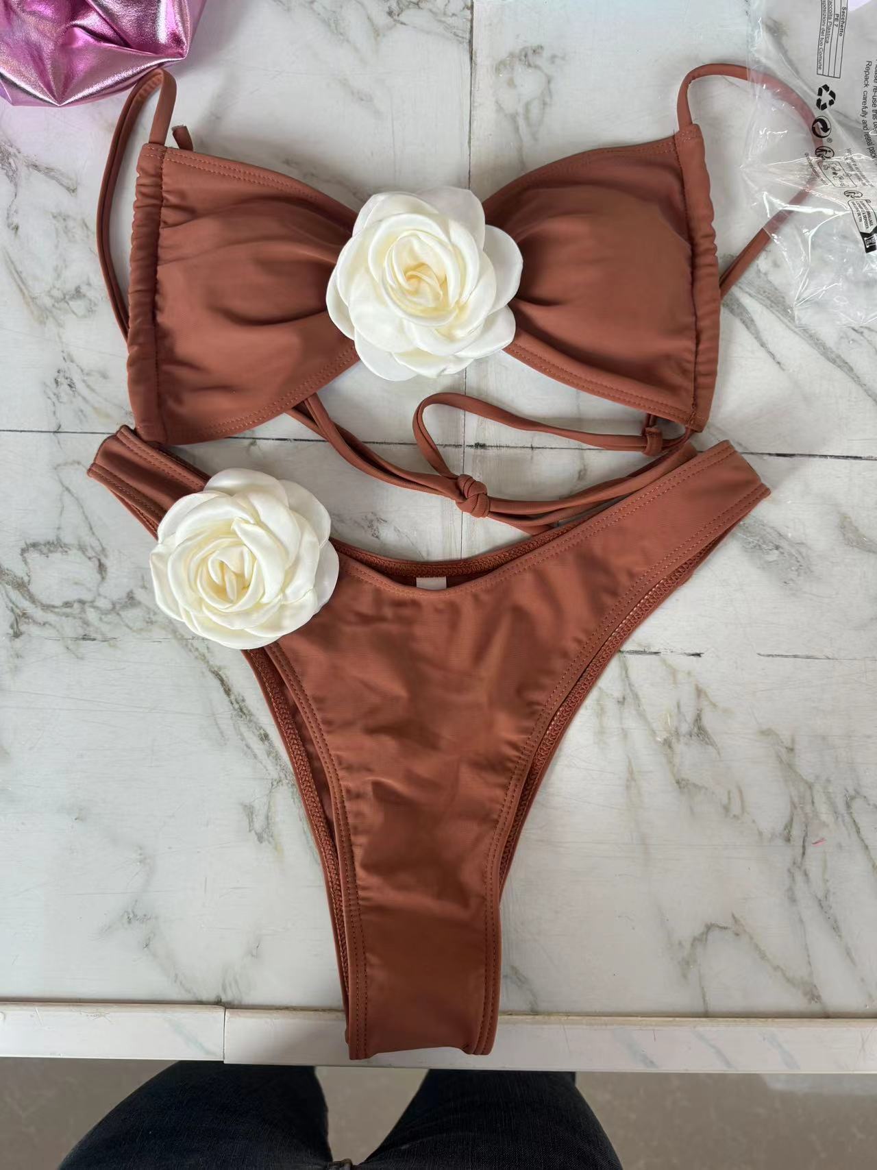 Women's Tube Top 3D Flower Bra Briefs