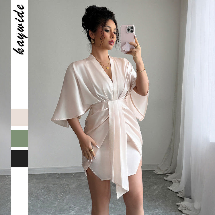 High-end Simple Style Deep V Waist Wide Sleeve Hip Skirt Dress