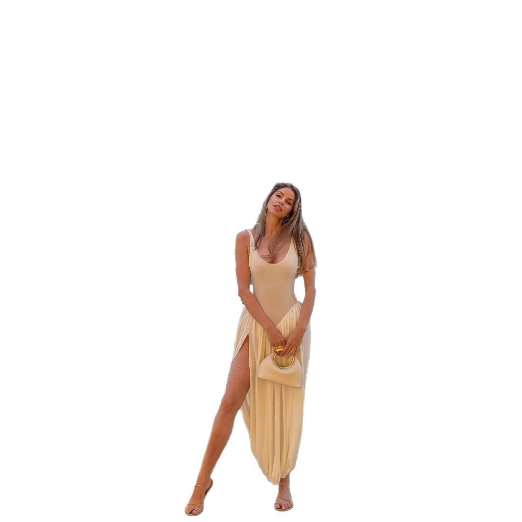 U-shaped Collar High Slit Pleated Backless Dress