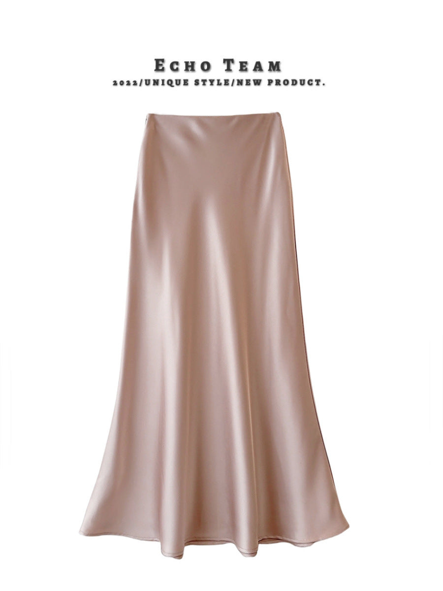 High Waist Slimming Mid-length Satin Acetate Silky Skirt