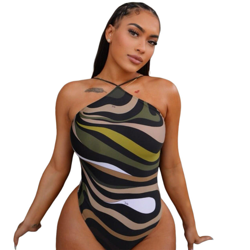 Digital Printing Sleeveless Lace-up Backless Bodysuit