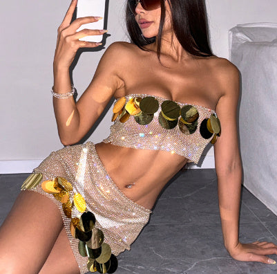 Women's Fishnet Rhinestone Tube Top Skirt Two-piece Set