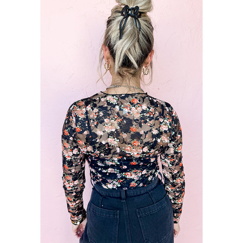 European And American Fashion Floral Print Slim Bottoming Shirt