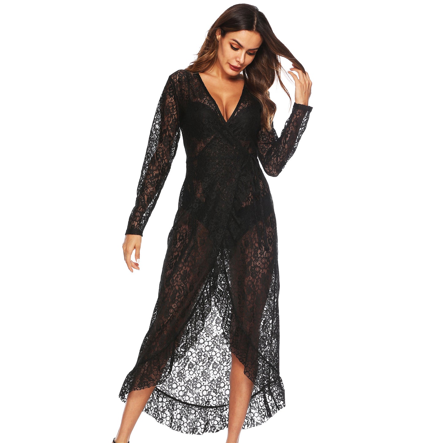 Sexy See-through Lace Deep V Irregular Ruffles Tied Long Sleeves Dress