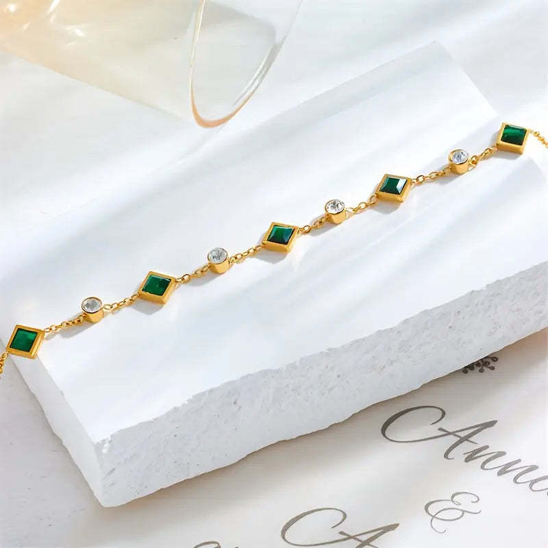 Fashion Gold-plated Titanium Steel Square Emerald Inlaid Rhinestone Bracelet
