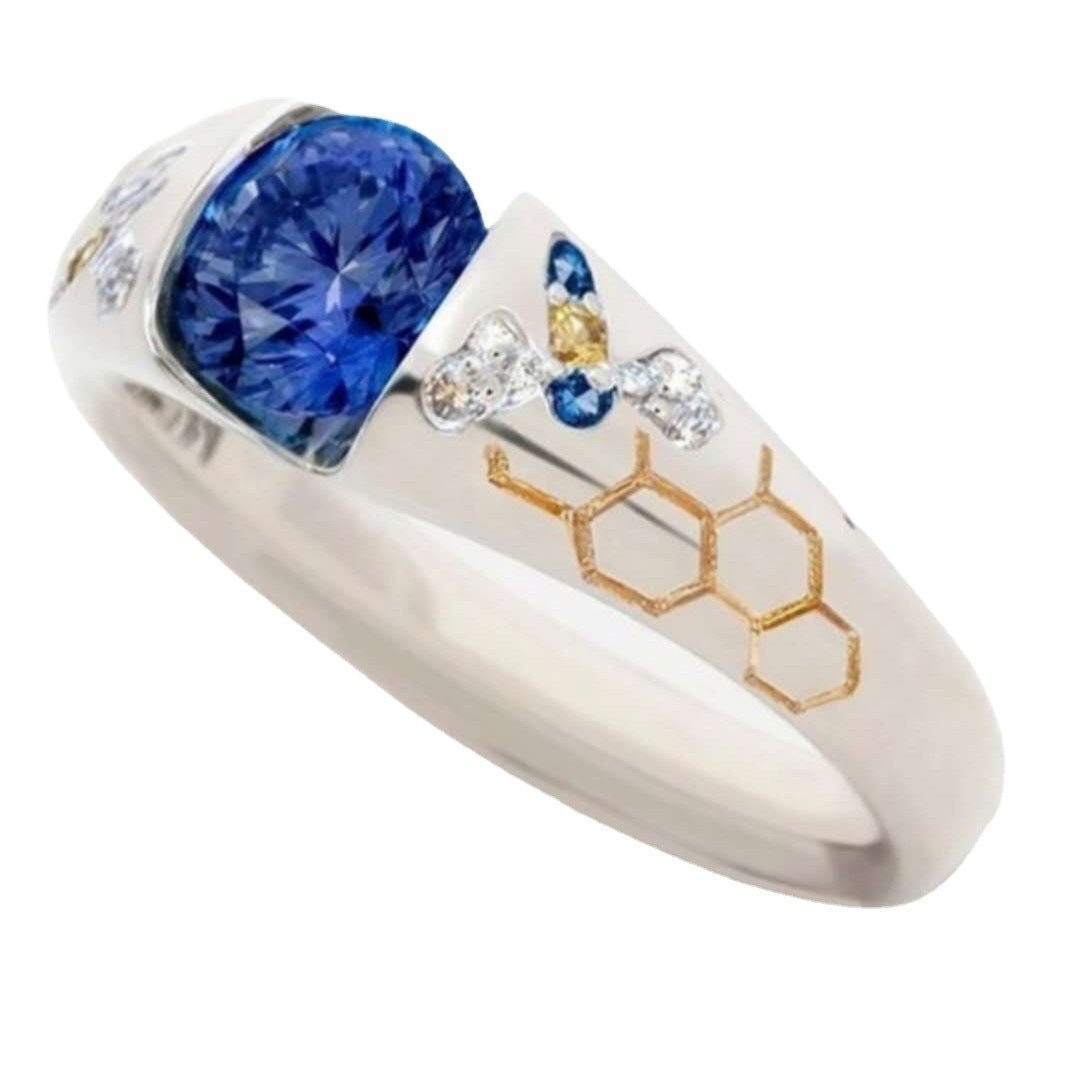 Blue Bee Honeycomb Inlaid Jewel Ring Simple