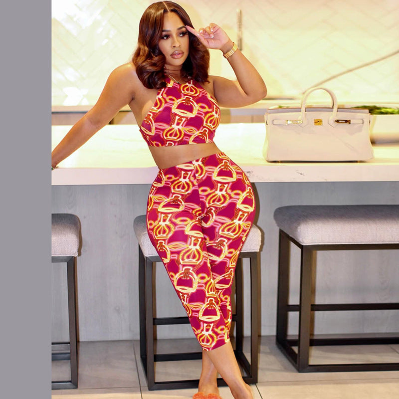 Women's Sexy Crop-top Tight-fitting Contrast Color Personalized Print Cropped Pants Set