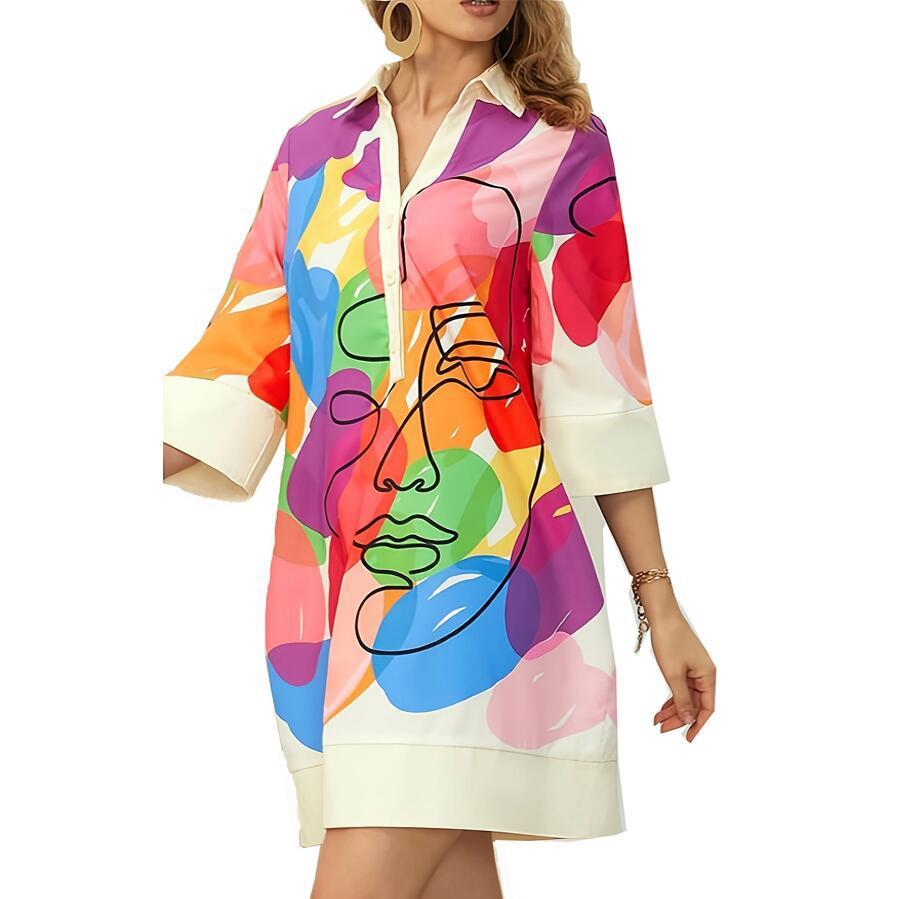 Printing Dress Polo Collar Solid Color