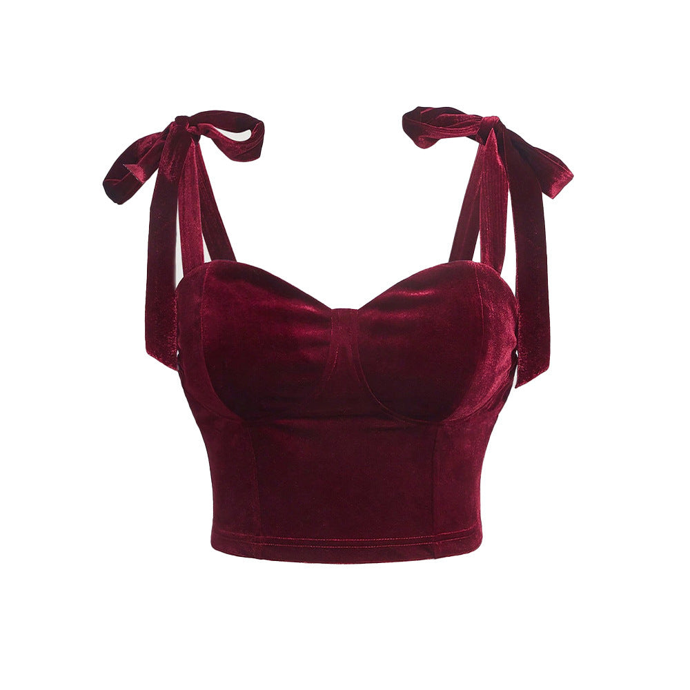 French Retro Velvet Top With Bow Tie Strap