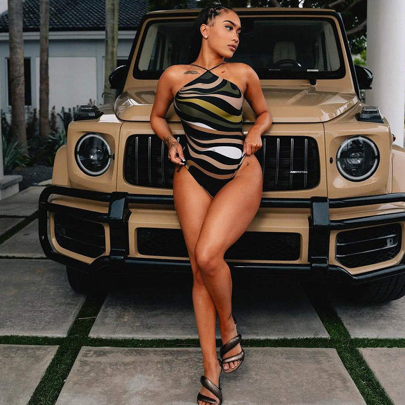 Digital Printing Sleeveless Lace-up Backless Bodysuit