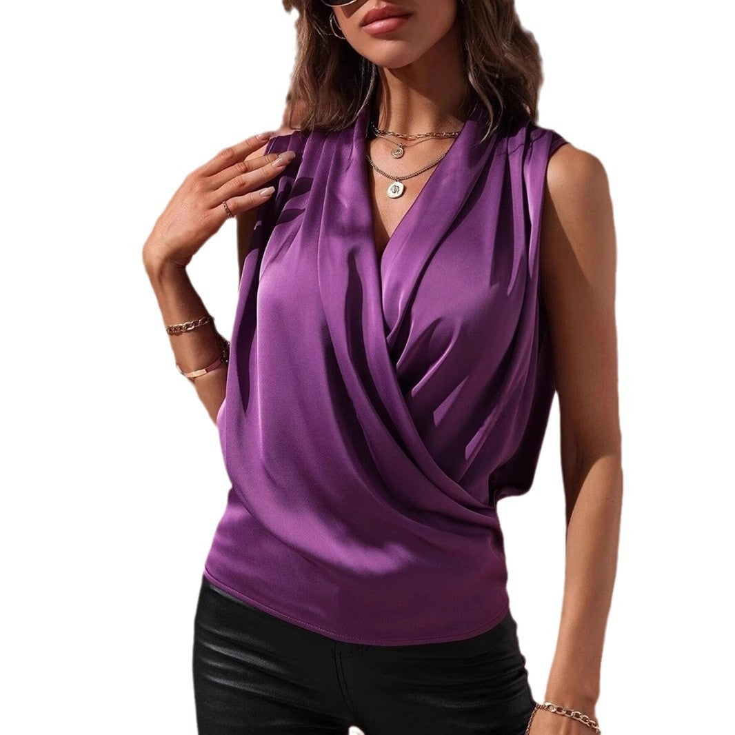 Women's Spring And Summer Sleeveless Satin Pleated Vest New Shirt