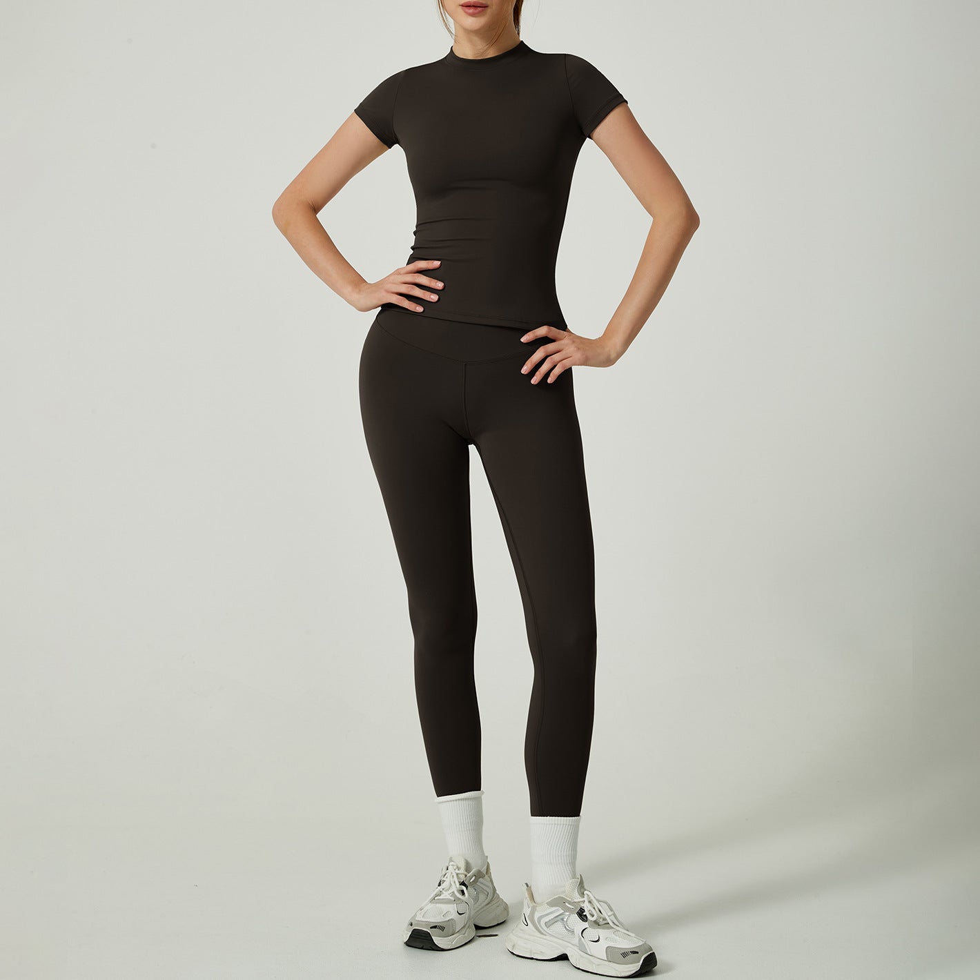 Yoga Clothes Women's Two-piece Round Neck Short Sleeve Tight Trousers