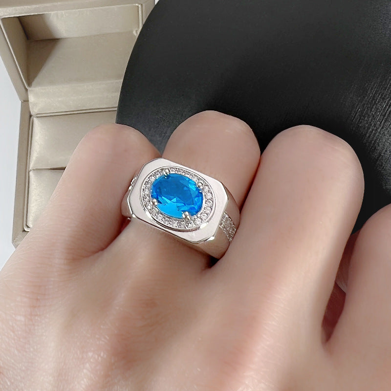 Fashion Oval Diamond Inlaid Color Gemstone Ring Blue Stone Ring