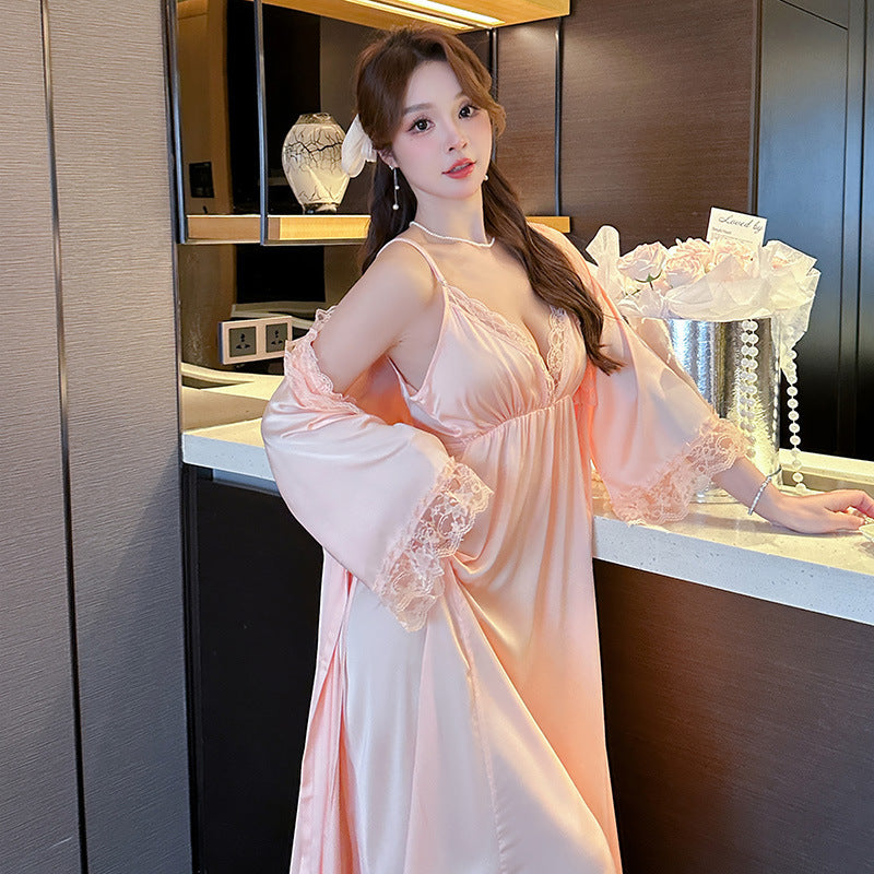 Women's Long Sleeve Two-piece Suit Silk Pajamas With Chest Pad