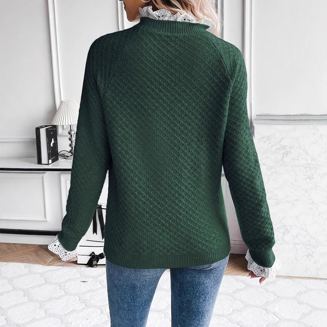 Pure Color Ribbon Women's Viscose Knitted Sweater With Lace Edge Fashionable All-matching