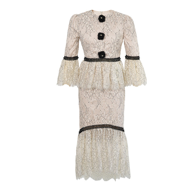 New Design Sense Ruffled Flared Sleeve Top Sheath Fishtail Skirt Two-piece Set