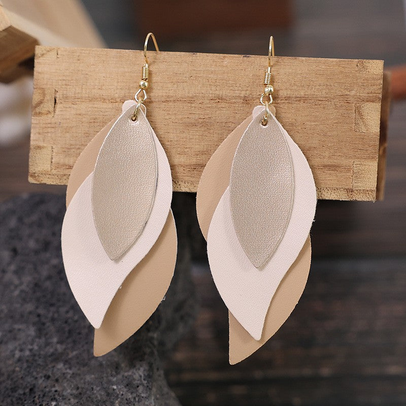 Korean-style Simple S-shaped Leaf Multi-layer Leather Earrings