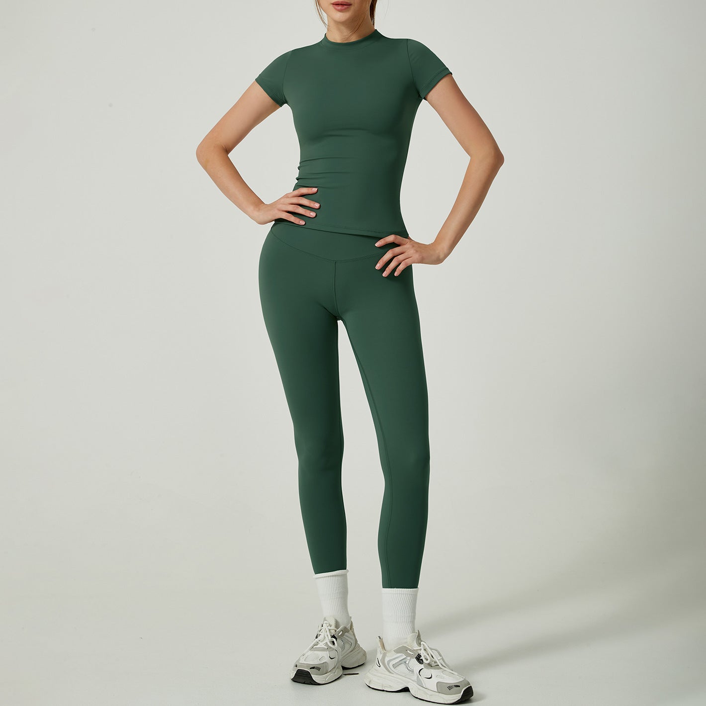 Yoga Clothes Women's Two-piece Round Neck Short Sleeve Tight Trousers
