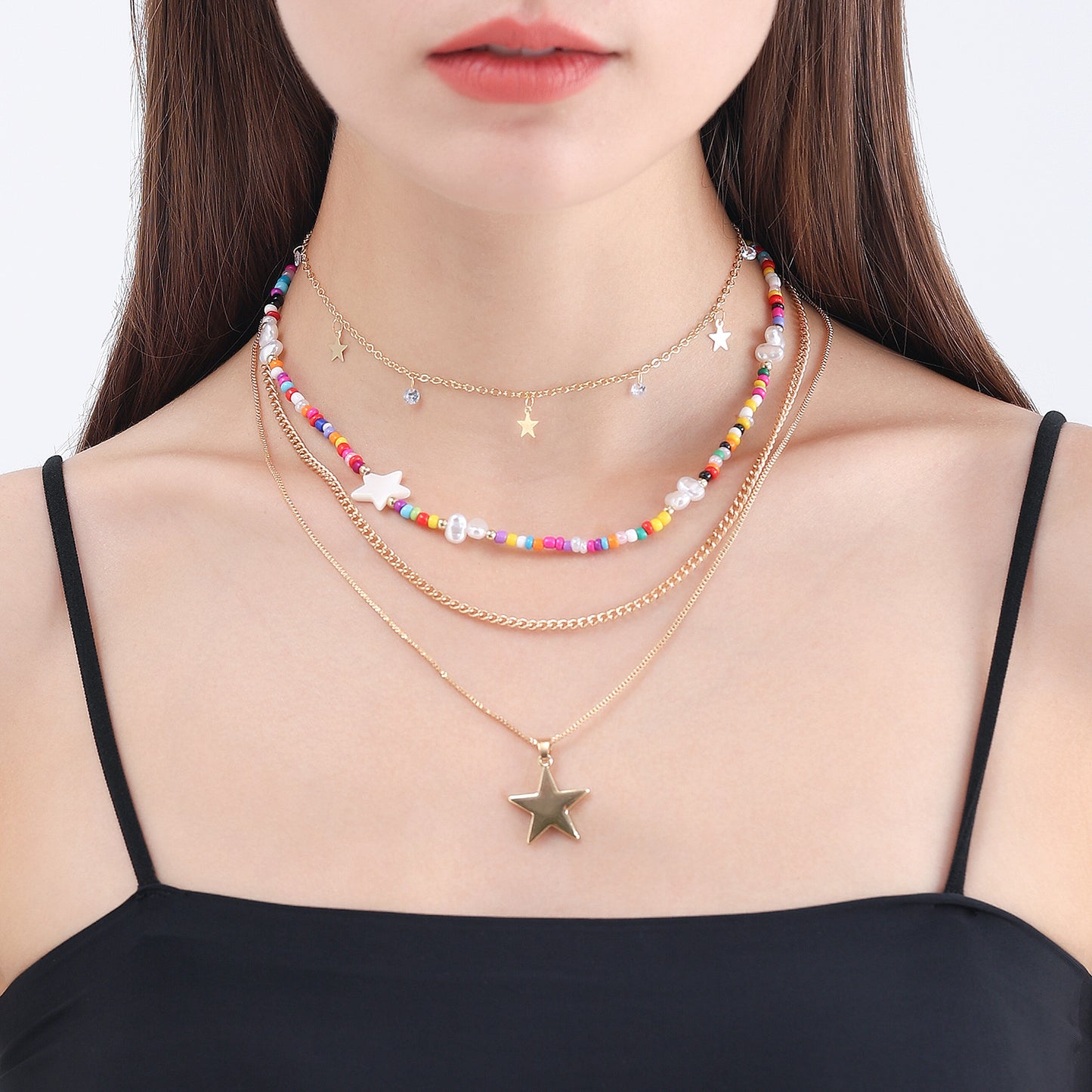 Bohemian Contrast Color Bead Five-pointed Star Necklace