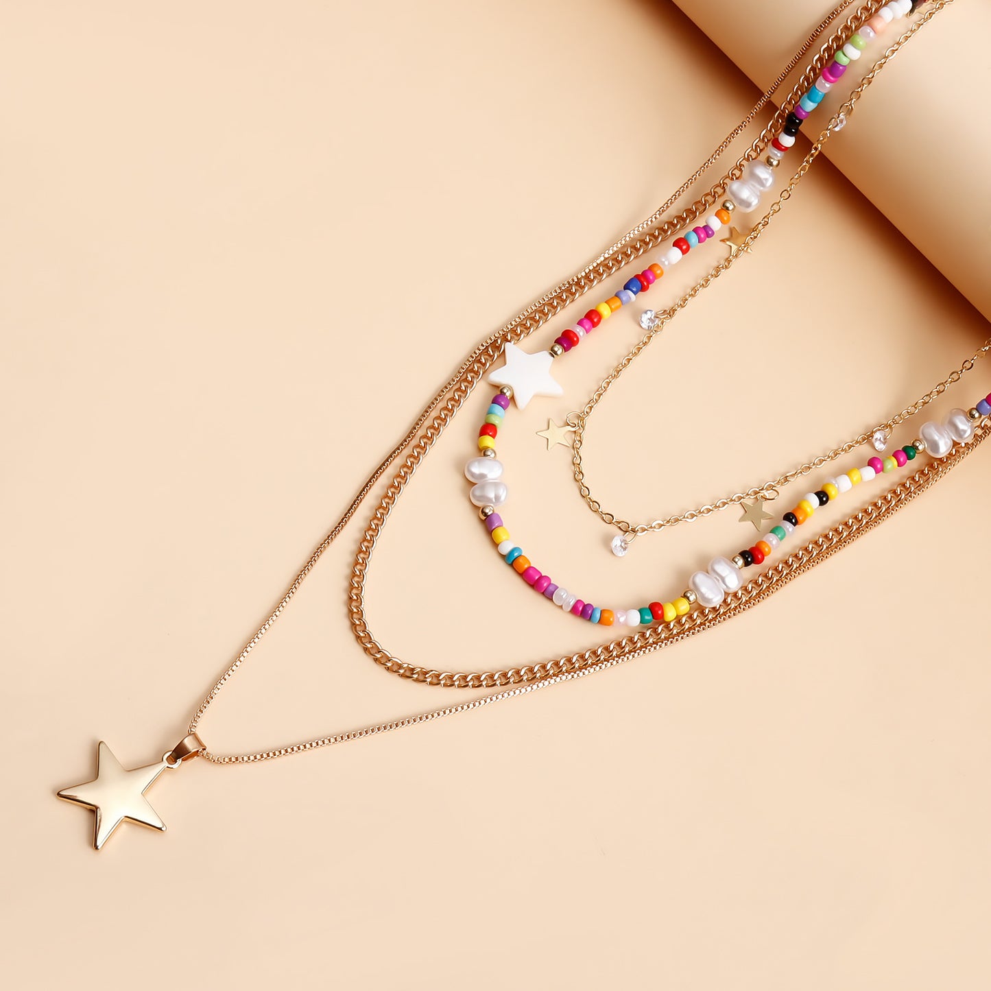 Bohemian Contrast Color Bead Five-pointed Star Necklace