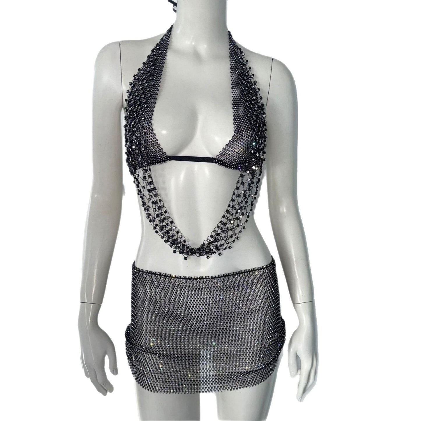 Stretch Fishnet Rhinestone Suspender Skirt Two-piece Set