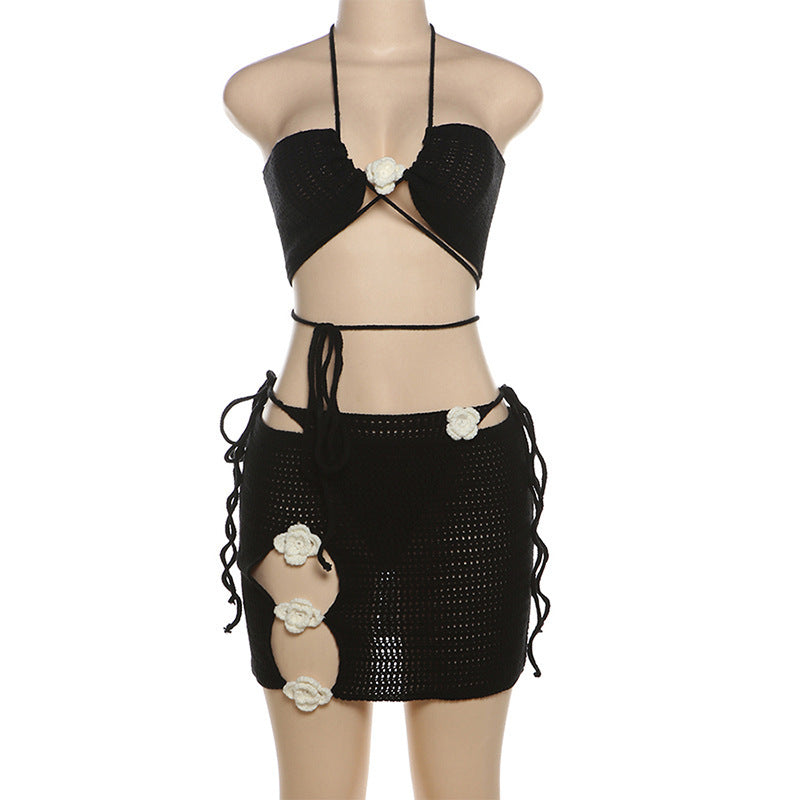 Sexy Halter Backless Split Triangle Vacation Bikini Swimsuit Three-piece Set