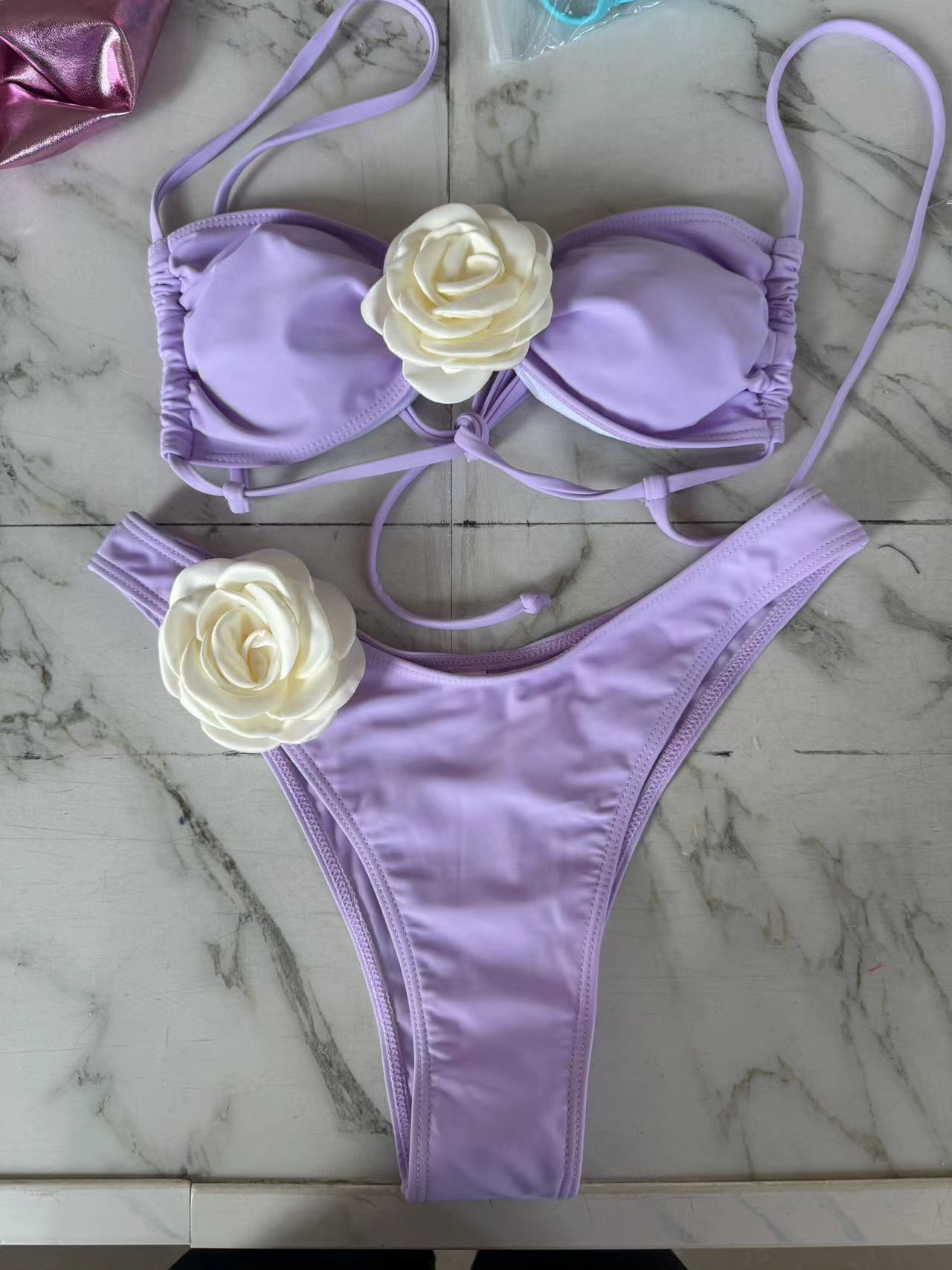 Women's Tube Top 3D Flower Bra Briefs
