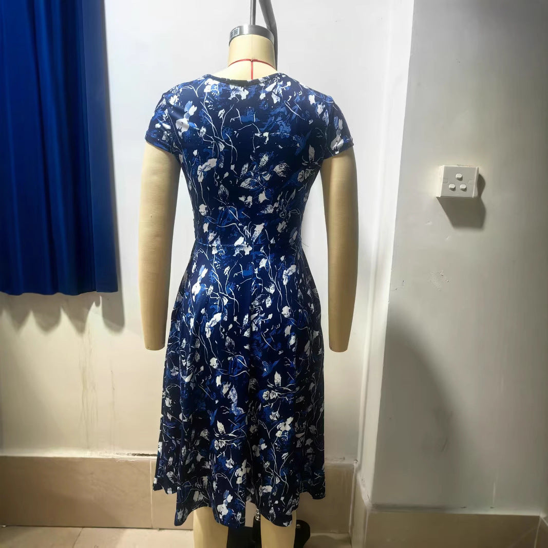 Round Neck Printed Temperament Short Sleeve Dress For Women