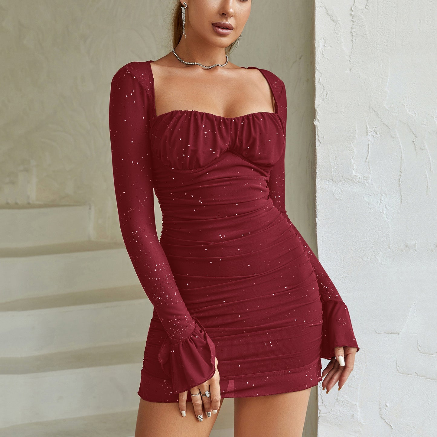 European And American Sexy See-through Steel Ring Sequin Gauze Long Sleeve Dress