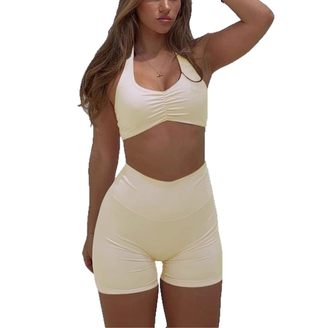Yoga Sports Style Halterneck T-shirt High Elastic Shorts Suit Women