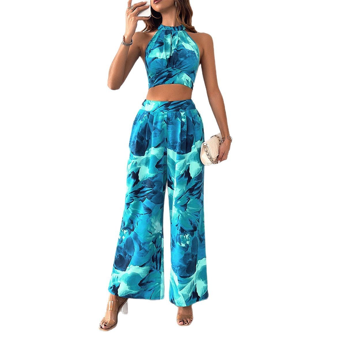 Leisure Commute Vacation Style Contrast Color Halter Top Wide-leg Pants Suit Women