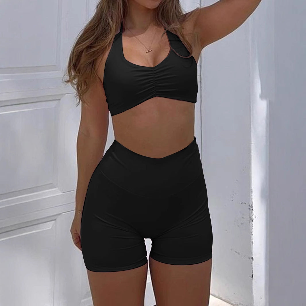 Yoga Sports Style Halterneck T-shirt High Elastic Shorts Suit Women