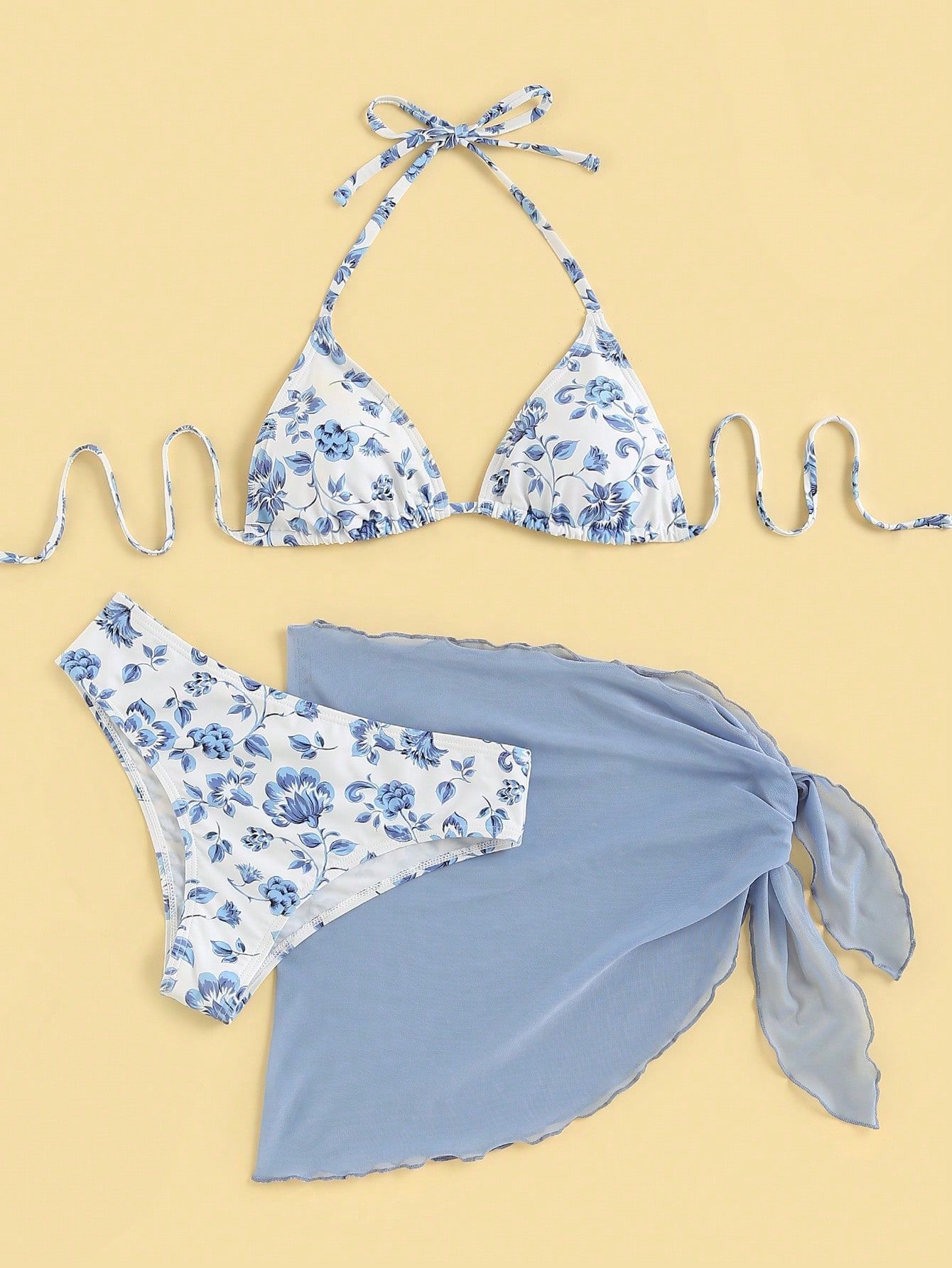 Small Floral Tie-neck Three-piece Bikini Split Swimsuit Swimwear Women