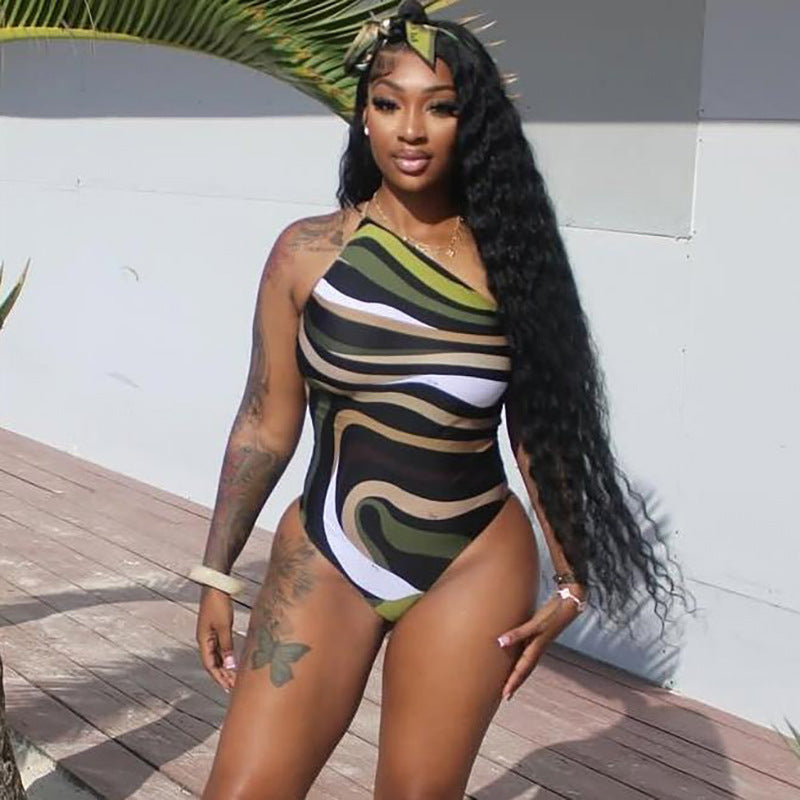Digital Printing Sleeveless Lace-up Backless Bodysuit