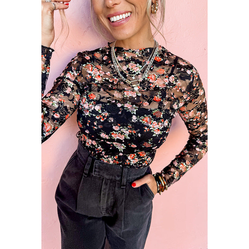 European And American Fashion Floral Print Slim Bottoming Shirt