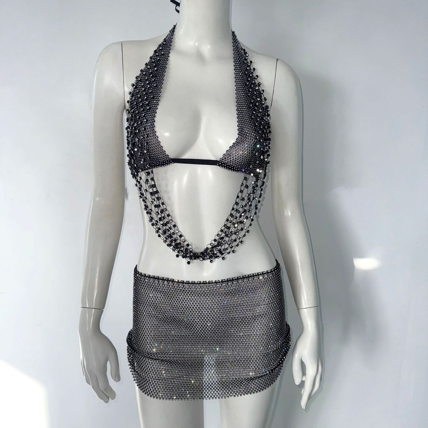 Stretch Fishnet Rhinestone Suspender Skirt Two-piece Set
