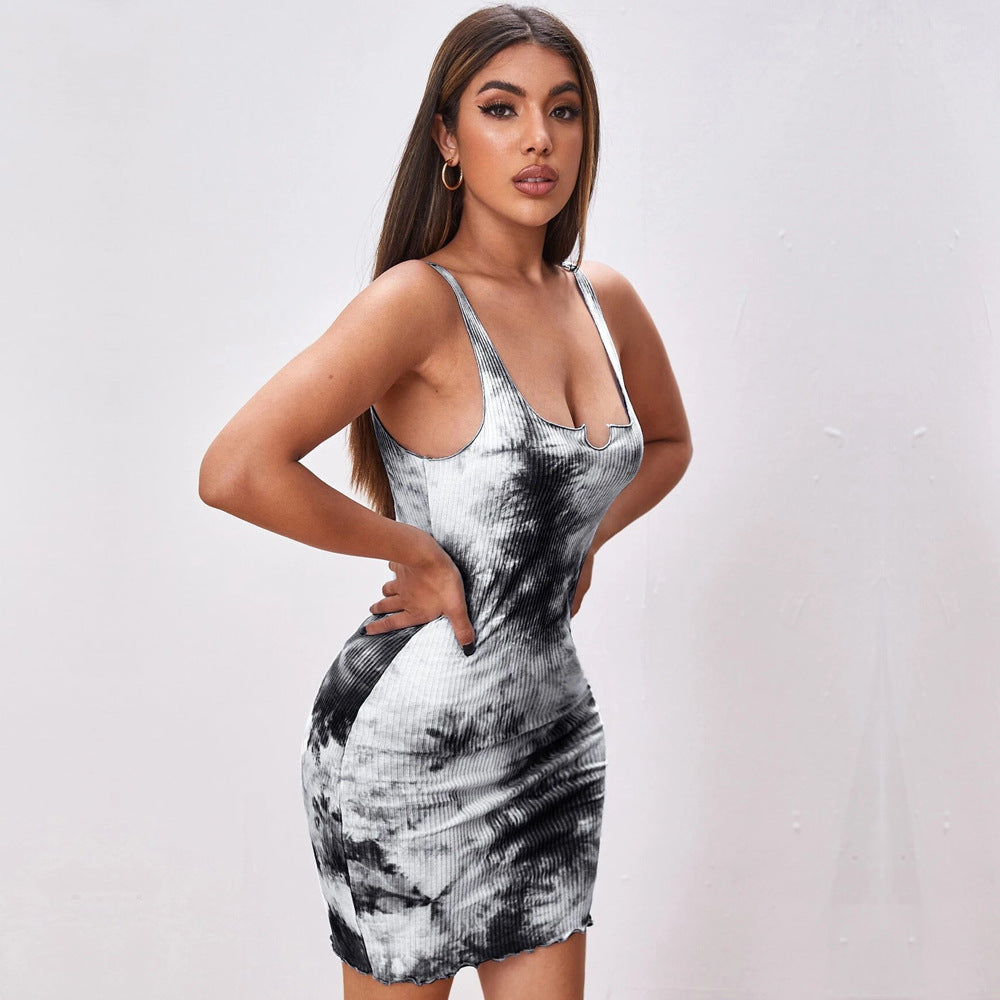 Sexy Slim-fit Tie-dye Print Bodycon Halter Dress