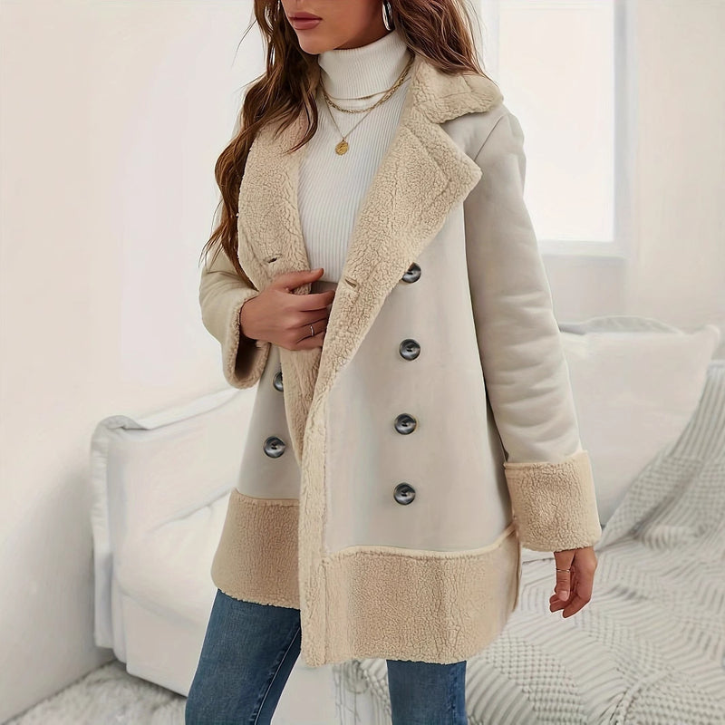 Apricot Lapel Lamb Wool Contrast Color Long Coat