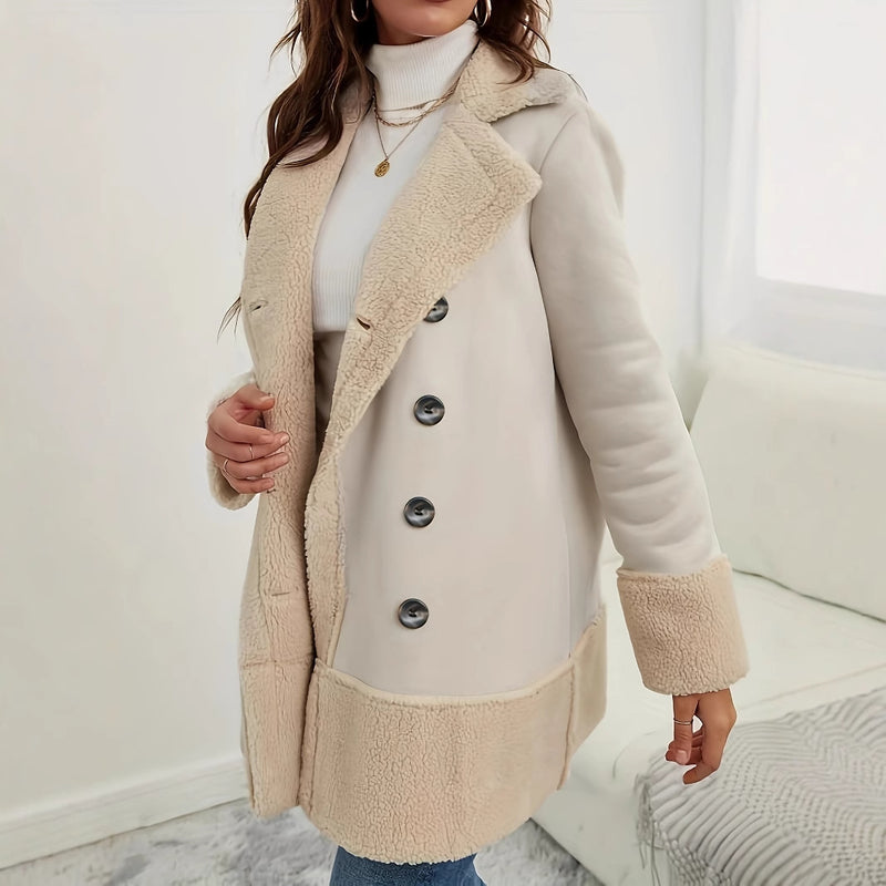 Apricot Lapel Lamb Wool Contrast Color Long Coat