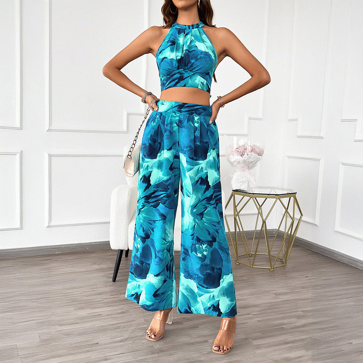 Leisure Commute Vacation Style Contrast Color Halter Top Wide-leg Pants Suit Women