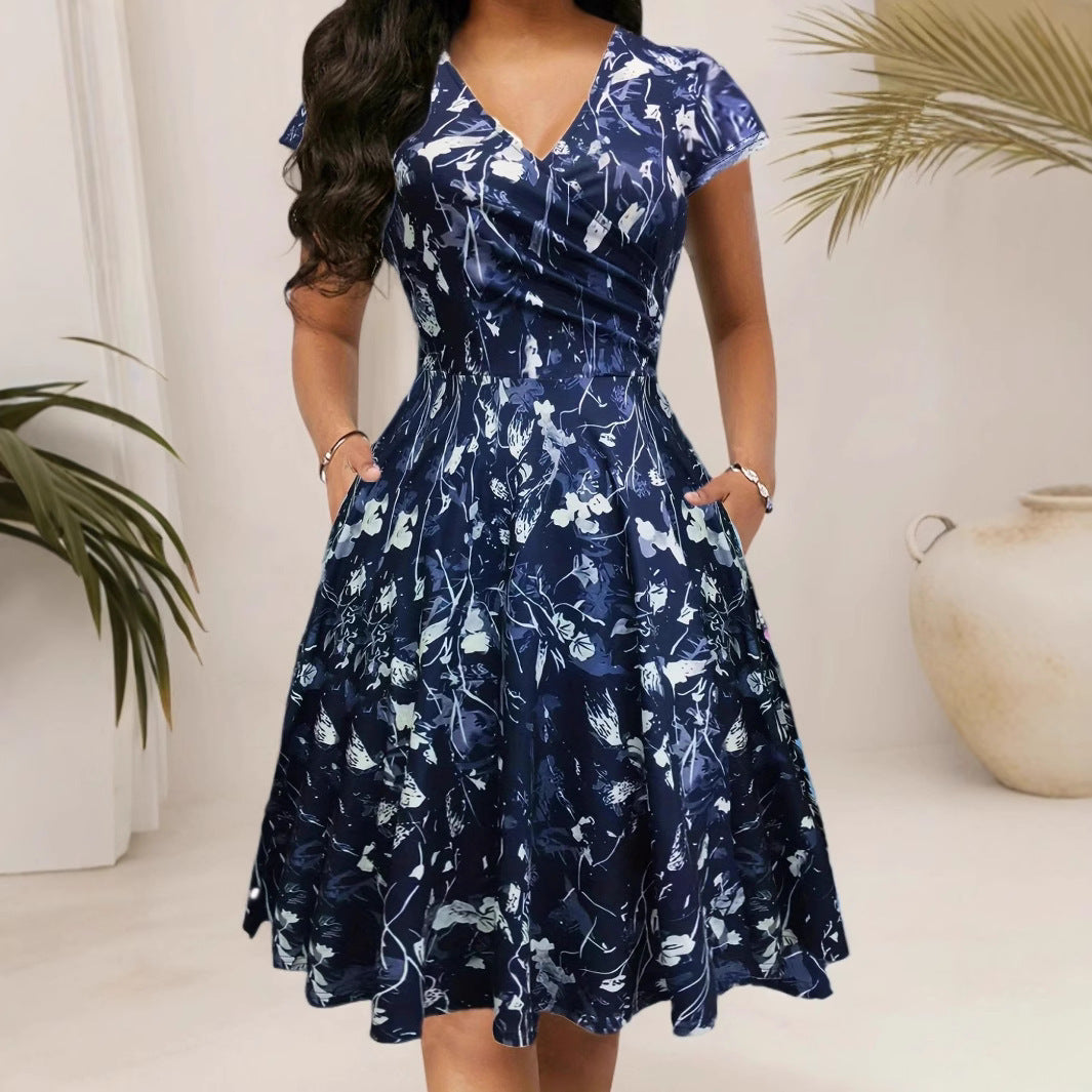 Round Neck Printed Temperament Short Sleeve Dress For Women