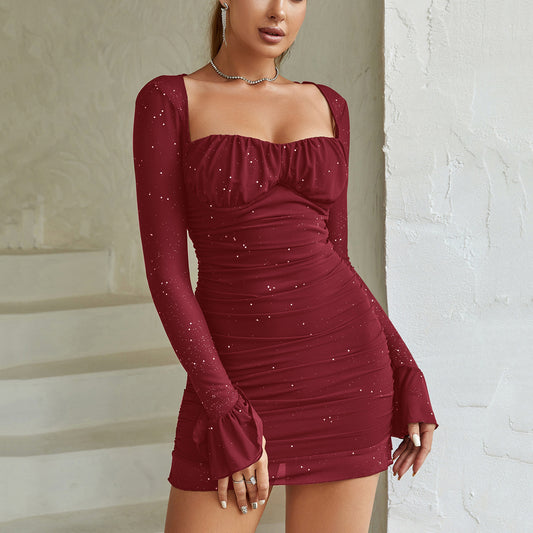 European And American Sexy See-through Steel Ring Sequin Gauze Long Sleeve Dress