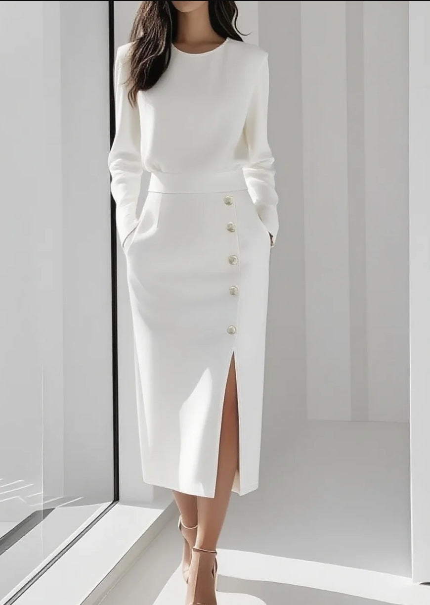 Long-sleeved Round Neck Waist-tie Button-decorated Slit Women's Dress