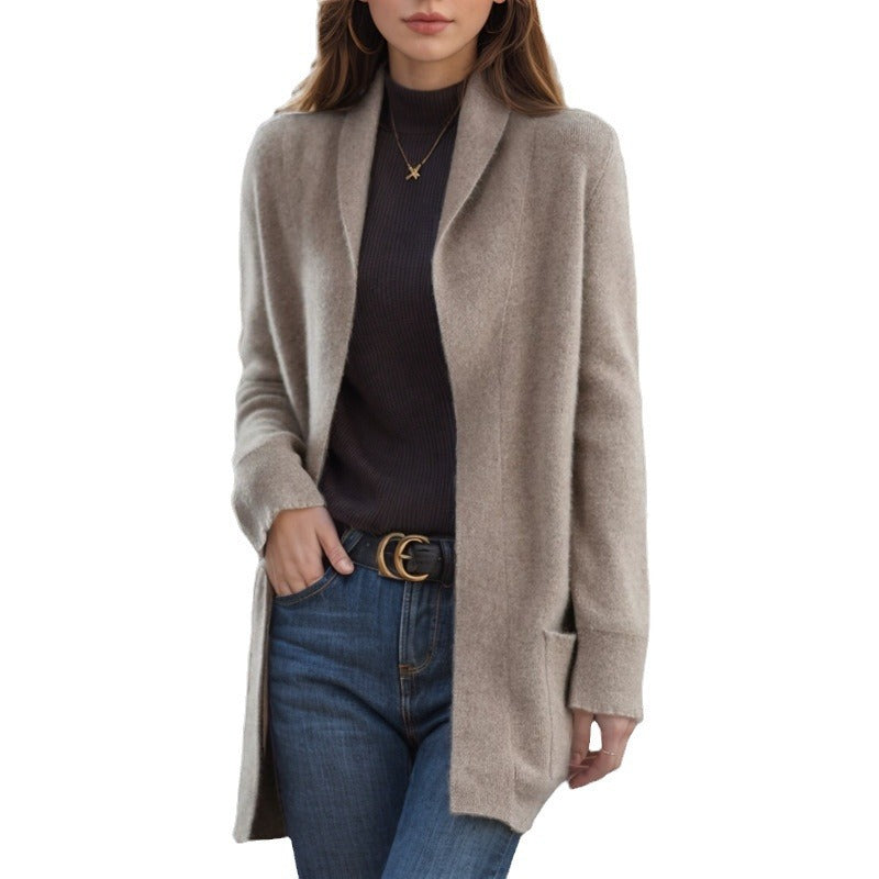 New Polo Collar Solid Color Long-sleeved Knitted Cardigan Loose Pockets Sweater Coat For Women