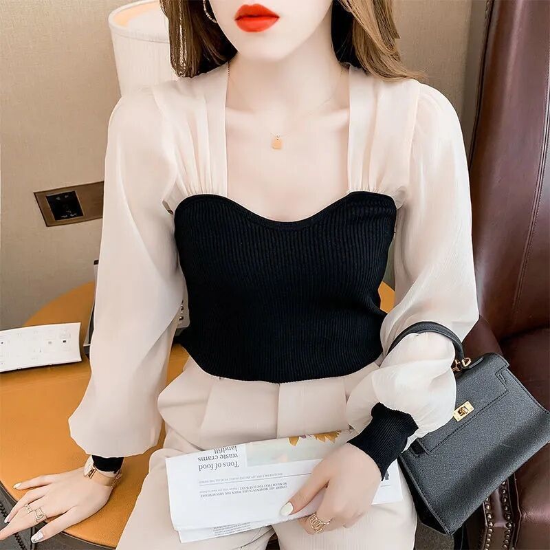 Mesh Puff Sleeve Stitching Ice Silk Top Women