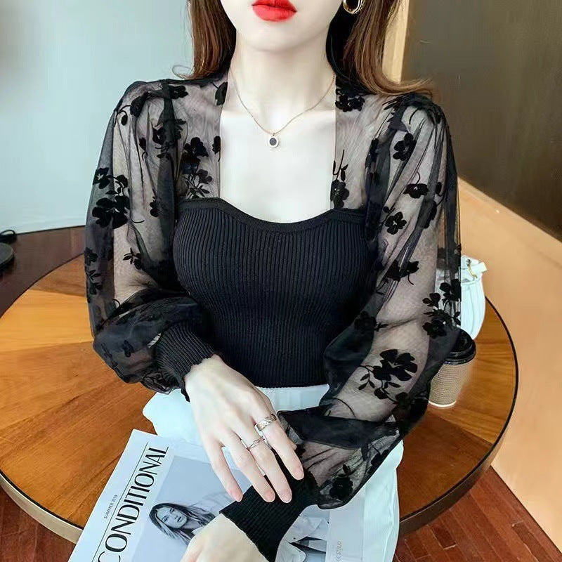 Mesh Puff Sleeve Stitching Ice Silk Top Women