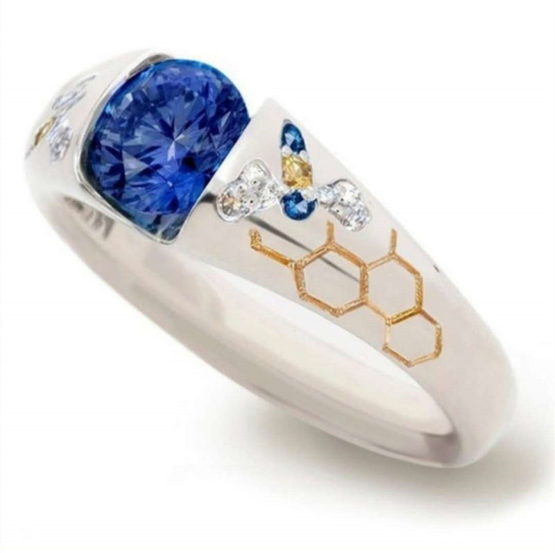 Blue Bee Honeycomb Inlaid Jewel Ring Simple