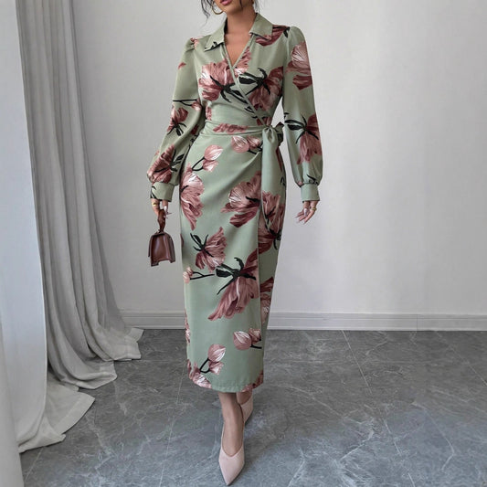 Long Sleeve Printed Tie Dress