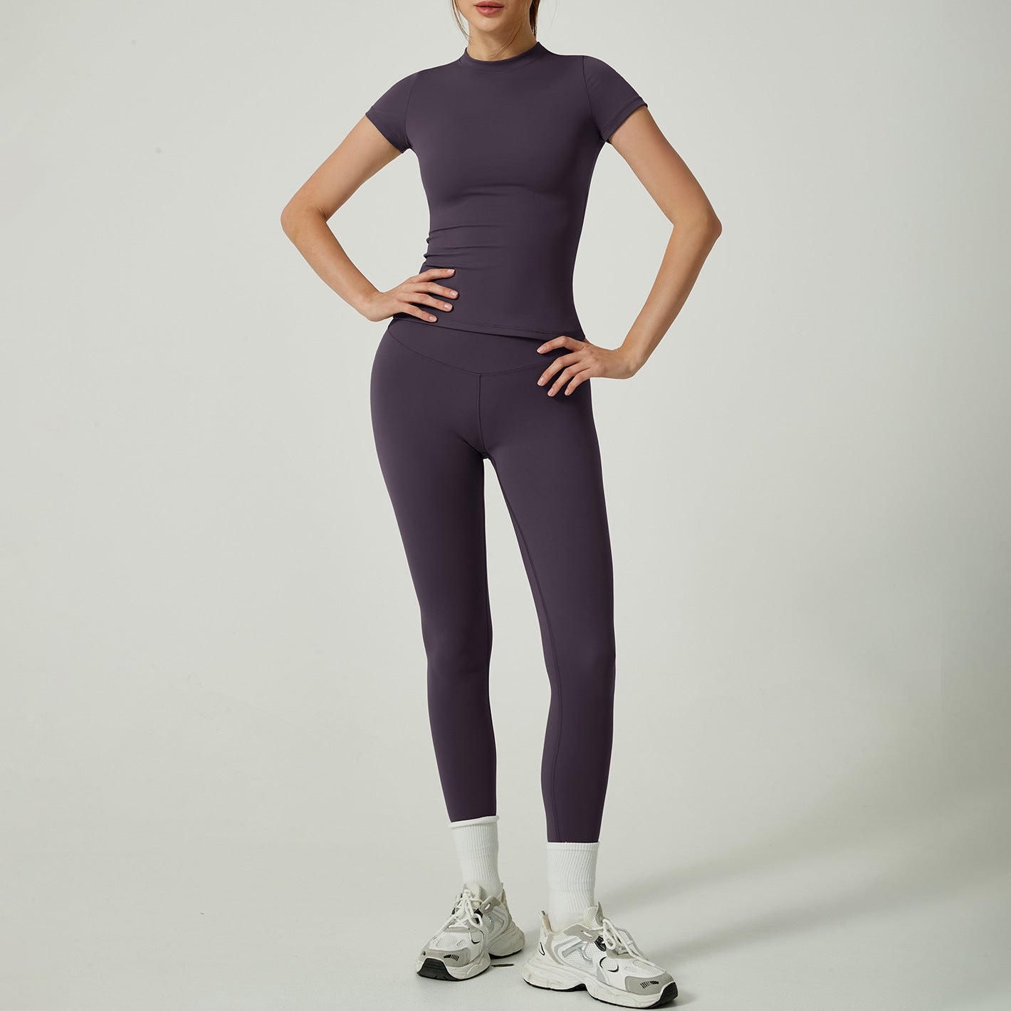 Yoga Clothes Women's Two-piece Round Neck Short Sleeve Tight Trousers