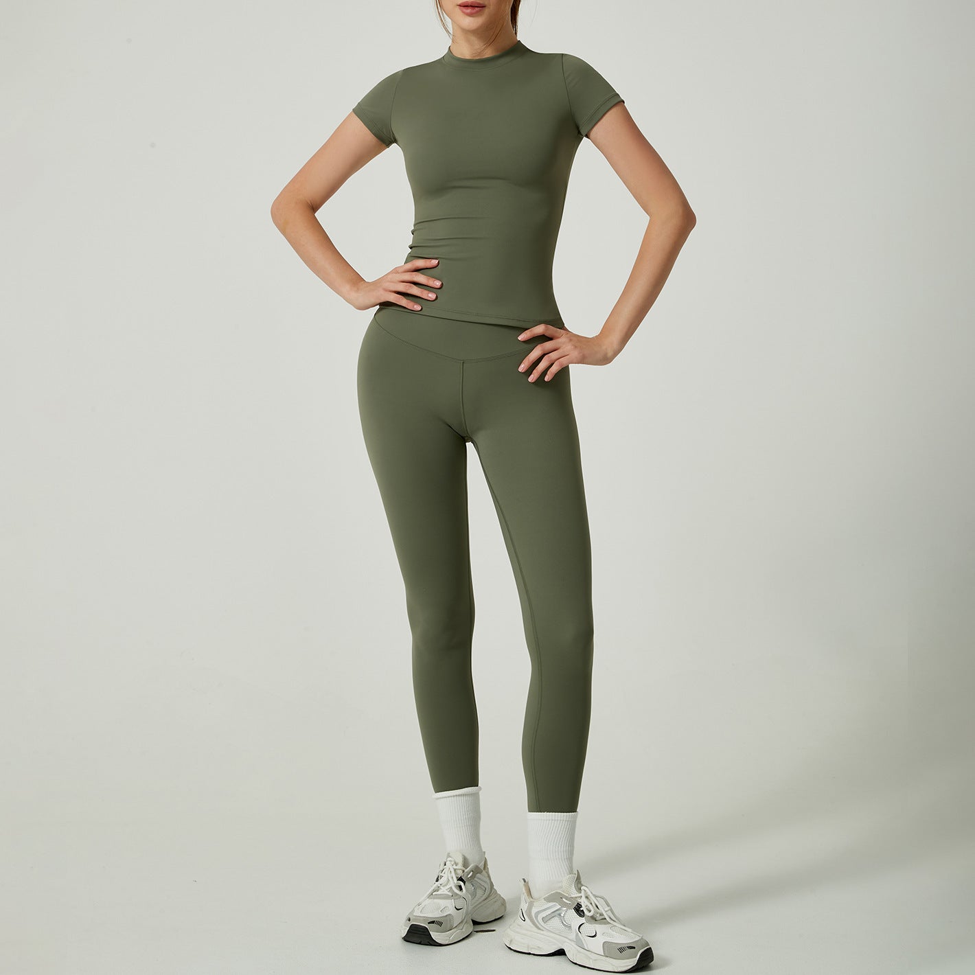 Yoga Clothes Women's Two-piece Round Neck Short Sleeve Tight Trousers